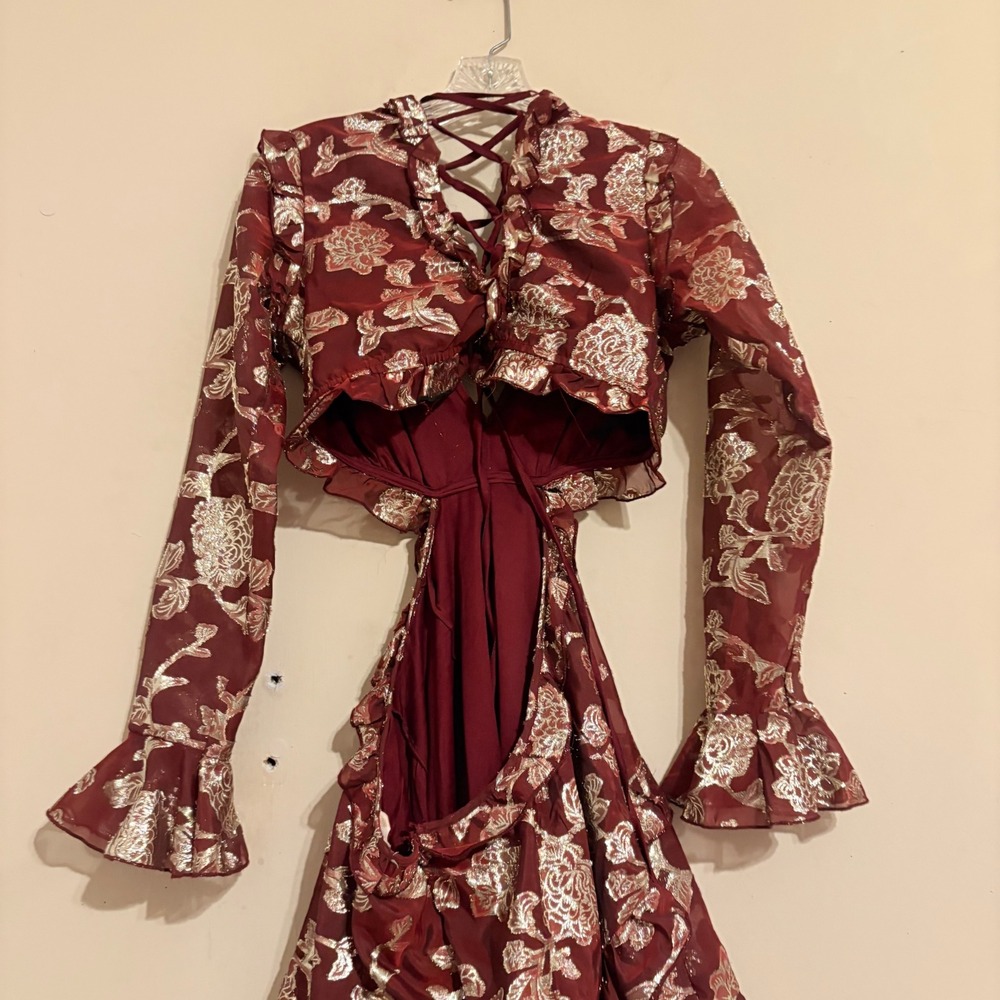Altar'd State Mollee GG143 Burgundy Gold Metallic Floral Mini Dress Medium - Picture 14 of 15